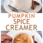 Two photo collage of pumpkin spice creamer in coffee.