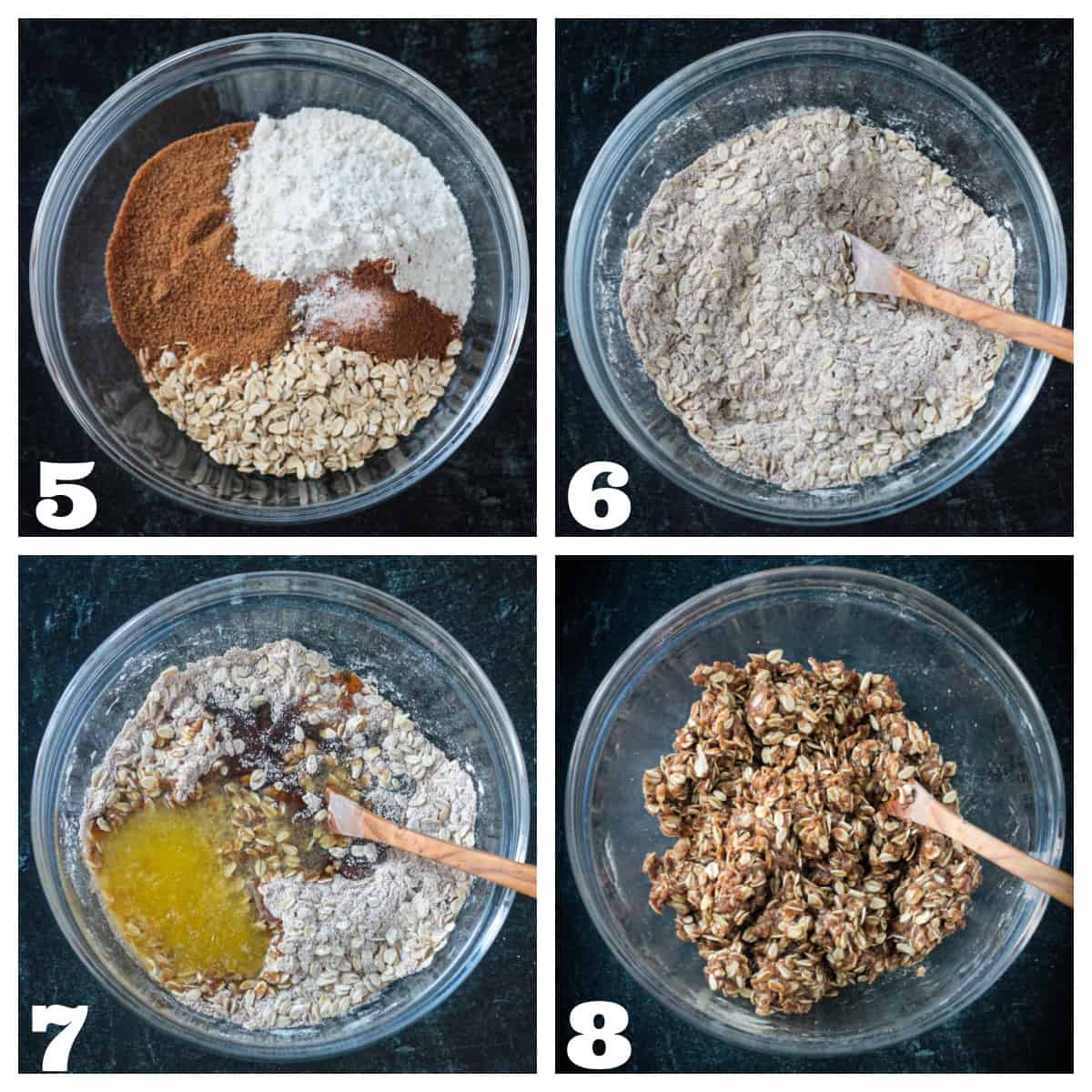 4 photo collage of mixing dry ingredients with melted butter to form a crumbly topping.