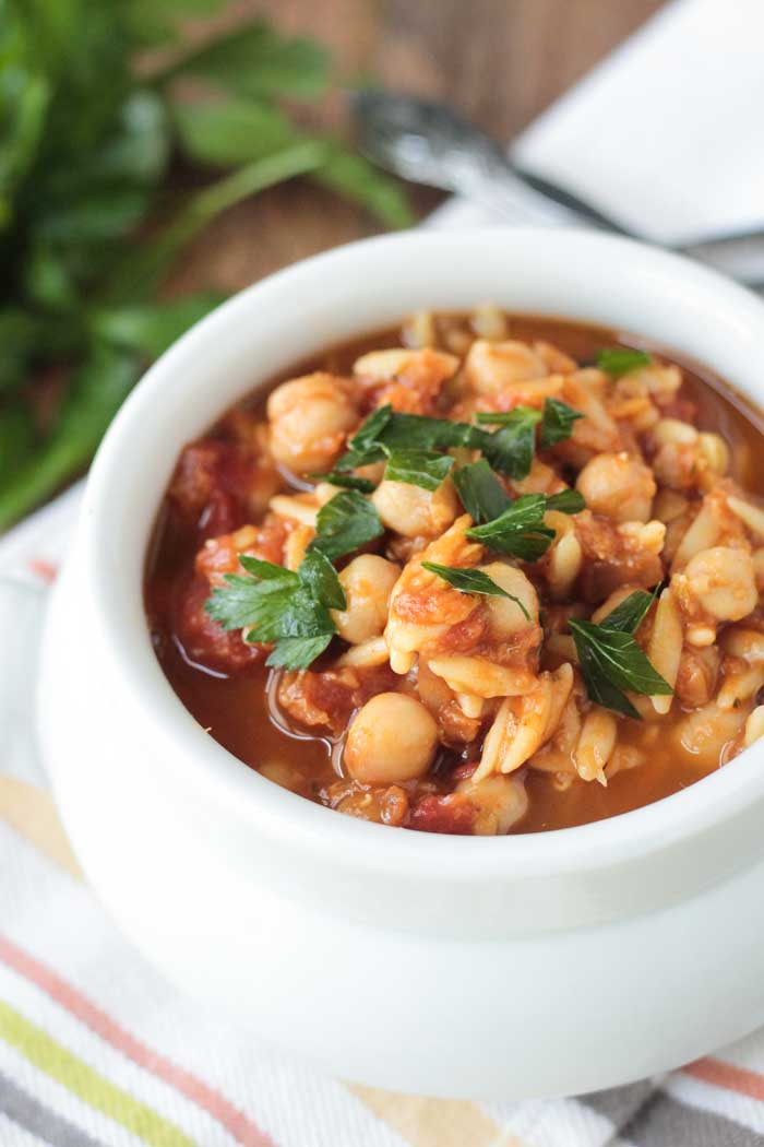 Slow Cooker Red Lentil Stew w/ Chickpeas & Orzo