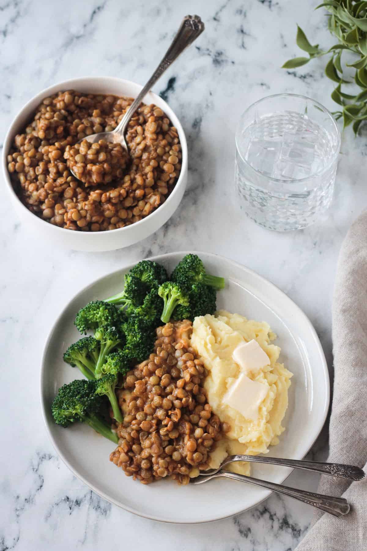 finished dish on a plate with mashed potatoes and broccoli