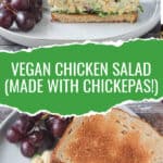 Two photo collage of vegan chicken salad sandwiches.