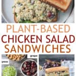 Three photo collage of vegan chicken salad sandwiches.