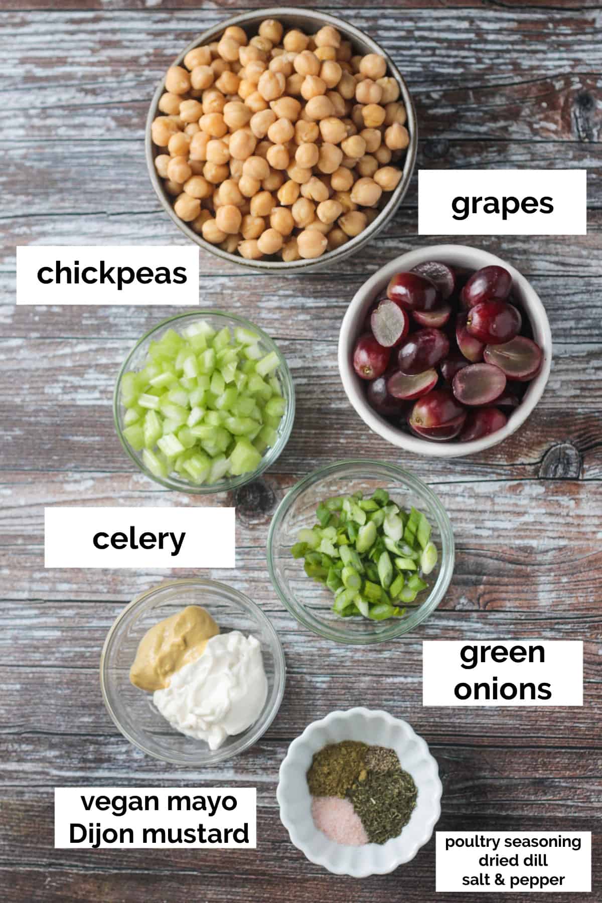 Recipe ingredients arrayed in individual bowls.