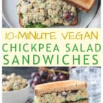 Two halves of a chickpea salad sandwich stacked on top of each other.