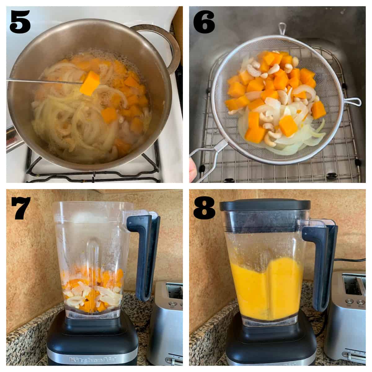 4 photo collage: cooking vegetables and puréeing the mixture in a blender.