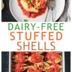 Two photo collage of a serving of three stuffed shells and a baking dish full of shells and covered in sauce.