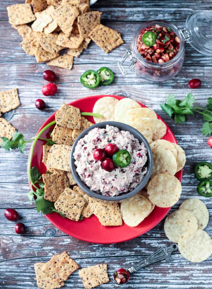 Cranberry Salsa Dip in gray bowl in the middle of a red plate surrounded by tortilla chips and crackers. On the table surrounding the plate are jalapeño slices, cilantro, fresh cranberries, and extra crackers.