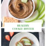 Bowl of healthy cookie butter on a plate with sliced apples and graham crackers.