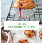 Three pumpkin cranberry muffins on a white plate in front of a cup of coffee.