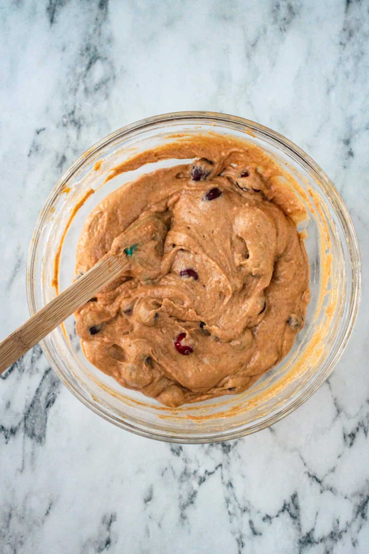 Finished batter in a mixing bowl.