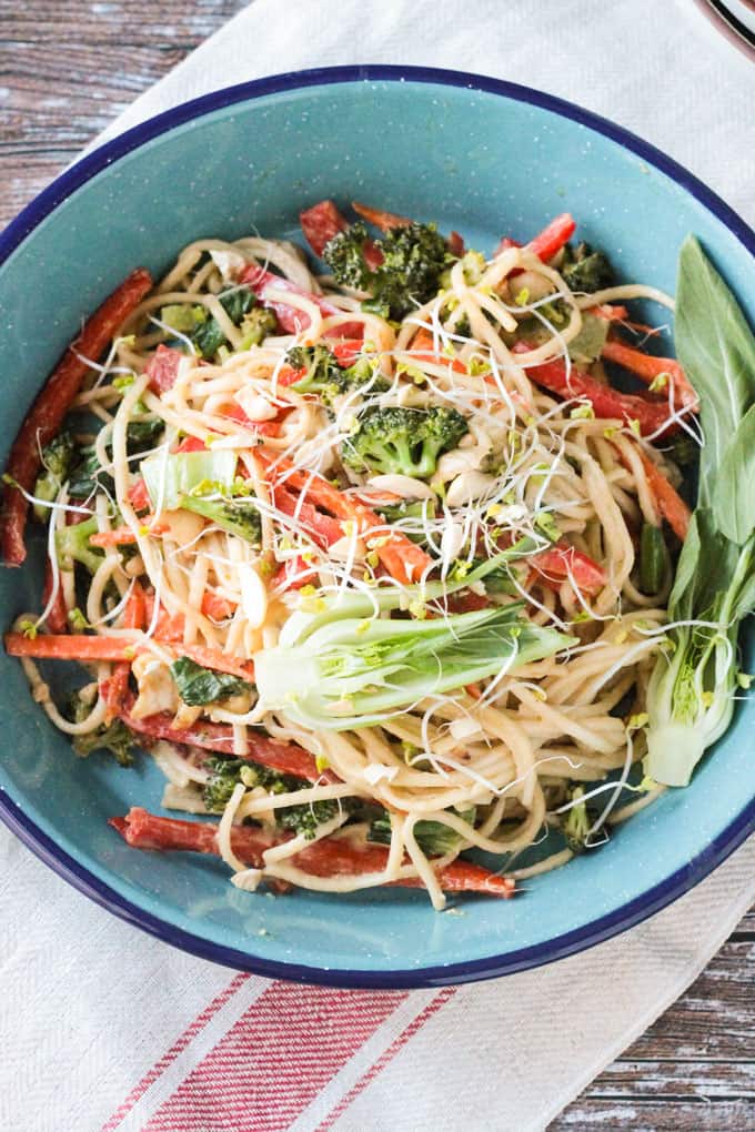 Veggie Lo Mein - a quick and easy stir-fry, easily customizable to your tastes. Switch out any of the veggies for ones you love best. Long noodles, like lo mein, are said to represent longevity in the new year, so this easy 30 minute meal is perfect for New Year's Day as well as any weeknight dinner. #vegan #vegetarian #pasta #stirfry #quickandeasy #30minutemeal #dairyfree Close up shot of a bowl of veggie lo mein with red peppers, broccoli, and baby bok choy.