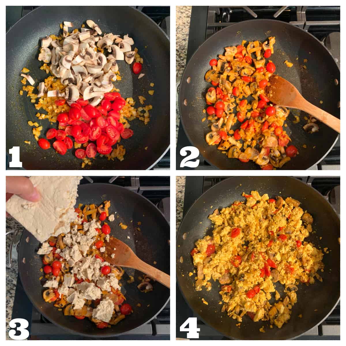 4 photo collage of sautéing the veggies and spices and crumbling in the tofu.