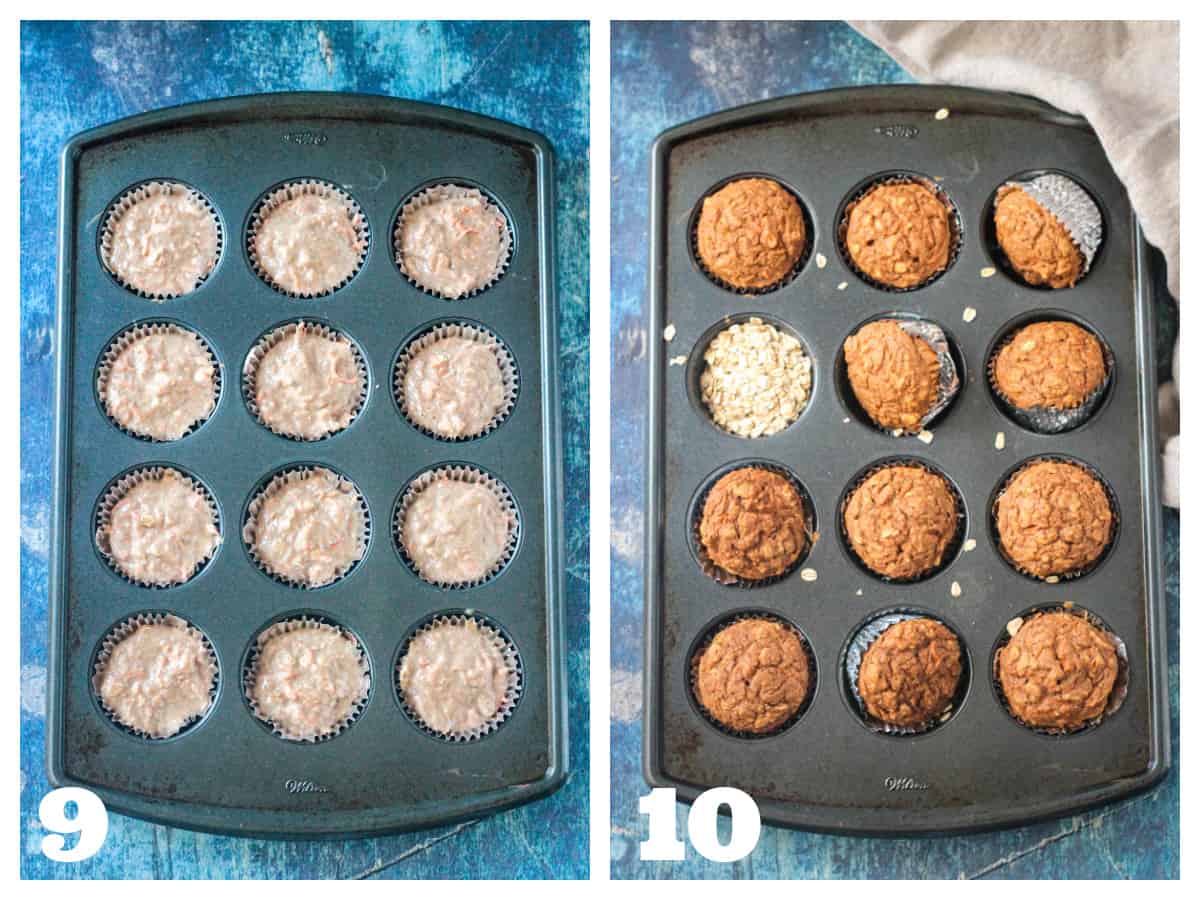 Two photo collage of raw batter in a muffin tin and baked muffins in the tin.