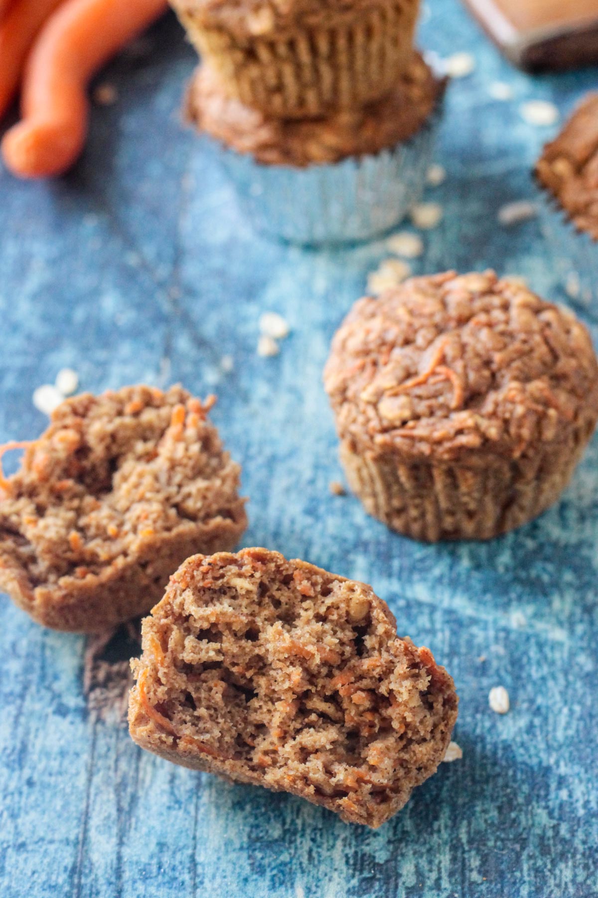 Close up of the inside of a halved carrot muffin.