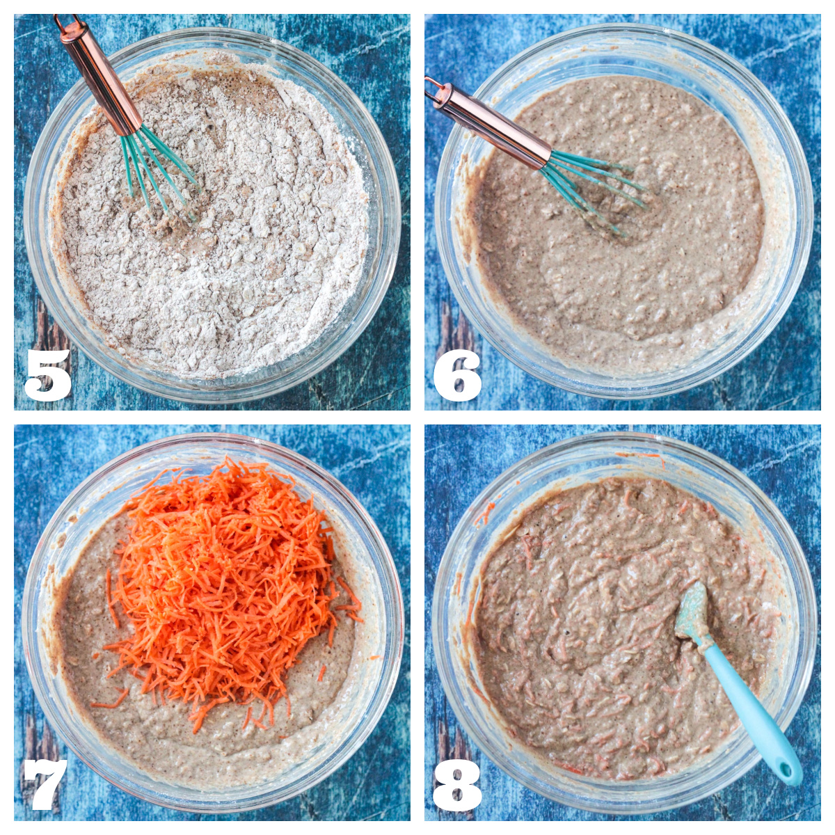 Four photo collage of mixing the dry and wet ingredients together to form the batter.