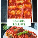 Full pan of lasagna roll ups covered in marinara and drizzled with white sauce.