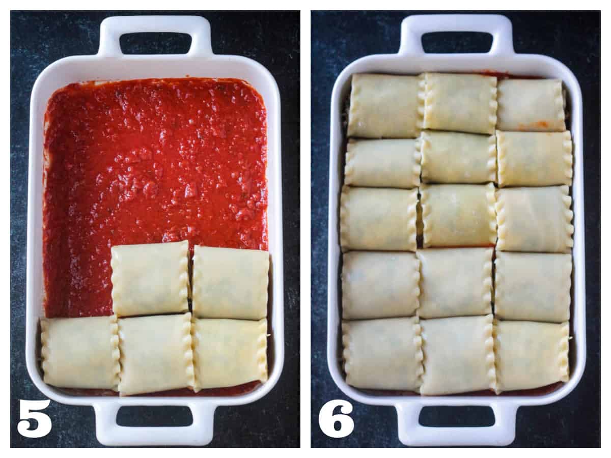 2 photo collage of placing the filled pasta in a baking dish.