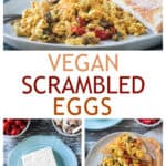 Three photo collage of a plate of scrambled tofu, recipe ingredients, and the finished dish.