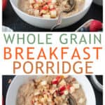 Two photo collage of a bowl of whole grain porridge.