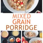 Three photo collage of a bowl of porridge, ingredients needed, and two serving bowls.