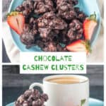 Two photo collage of chocolate covered cashews with text.