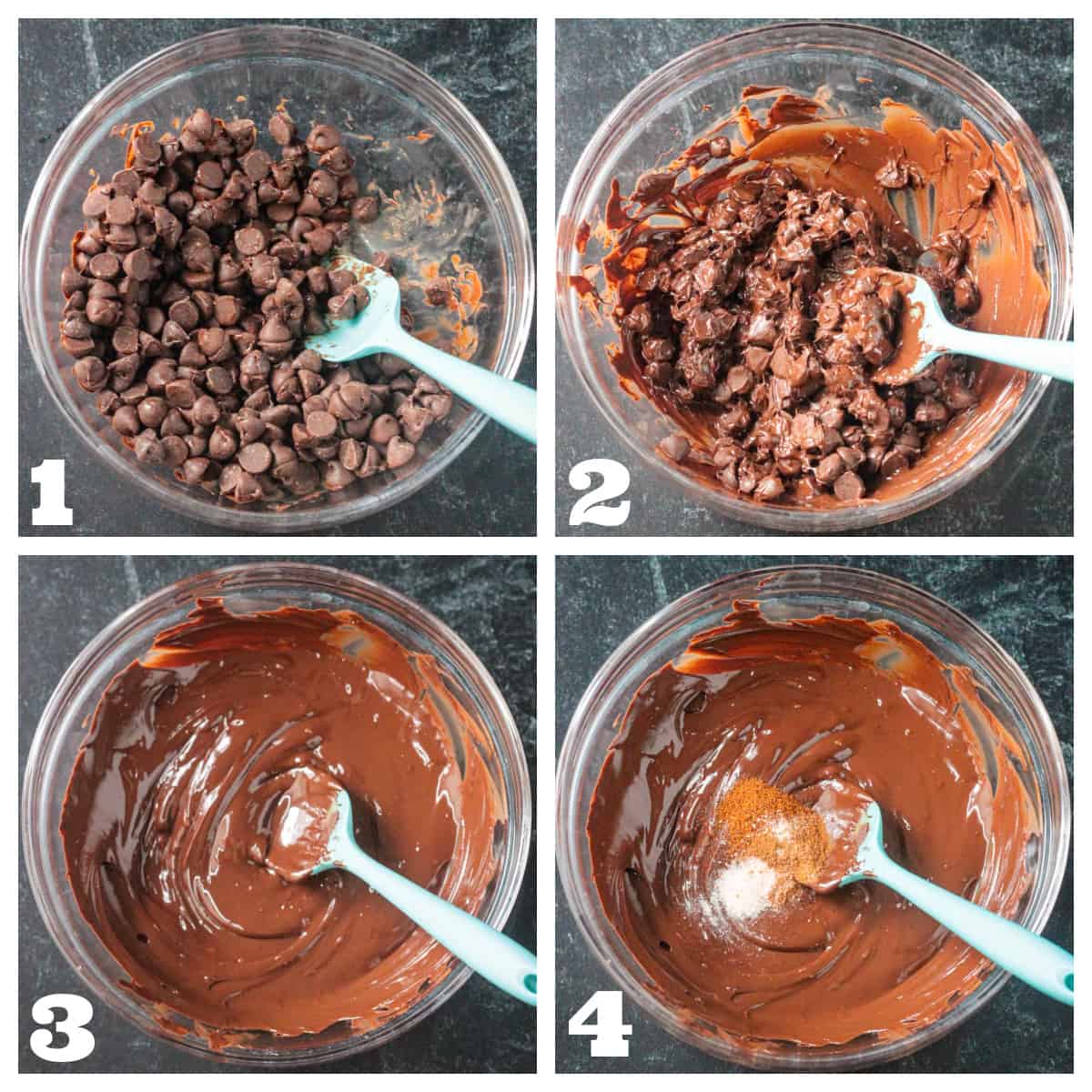 4 photo collage of melting the chocolate chips until smooth and adding spices.
