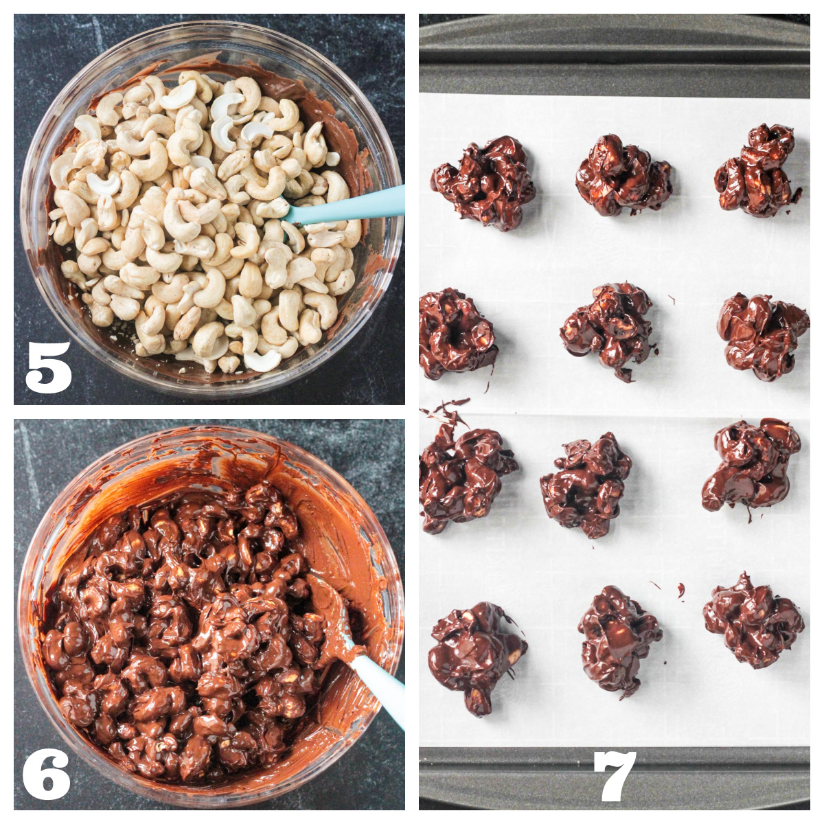 3 photo collage of covering the cashews in melted chocolate and scooping them into small piles on a baking sheet.