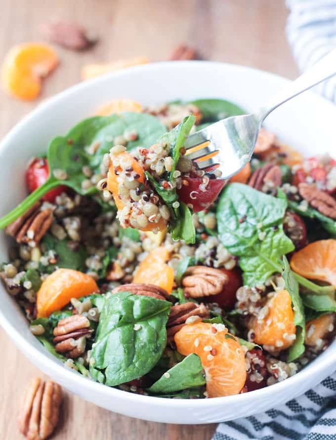 Forkful of salad above a bowl of lentil quinoa spinach salad.