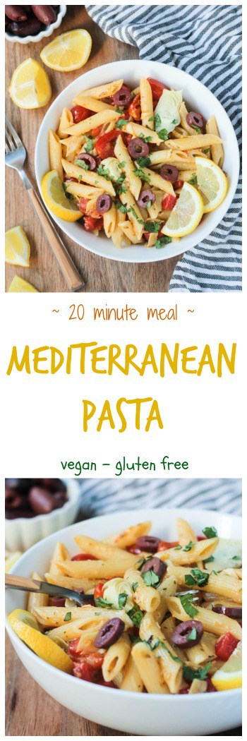 Mediterranean Pasta w/ Roasted Red Peppers & Artichokes. This easy dairy free pasta dish is ready in just 20 minutes. The sauce is made from cooking down the veggies with a little olive oil, garlic and lemon juice. It's so simple, yet so flavorful. Perfect for a weeknight meal or to impress guests when entertaining. It's also great cold! Pack it up and take leftovers for lunch or on a picnic! #vegan #pasta #meatlessmonday #vegetarian #dairyfree #quickandeasy