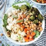 Roasted Veggie Brown Rice Bowl - an easy, customizable grain bowl with a sweet tahini dressing. Use your favorite vegetables in this vegan and gluten free buddha bowl and consider dinner done! #vegan #glutenfree #dinner #vegetarian #chickpeas #buddhabowl #grainbowl #meatless