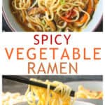 Two photo collage of a bowl of ramen noodle soup and chopsticks pulling noodles out of a bowl of soup.