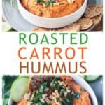 Two photo collage of roasted carrot navy bean hummus in a serving bowl.