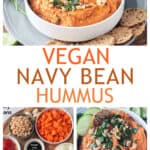 Three photo collage of vegan carrot hummus, recipe ingredients, and a platter with crackers and cucumbers.