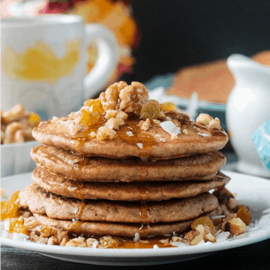 Stack of 5 carrot cake pancakes.