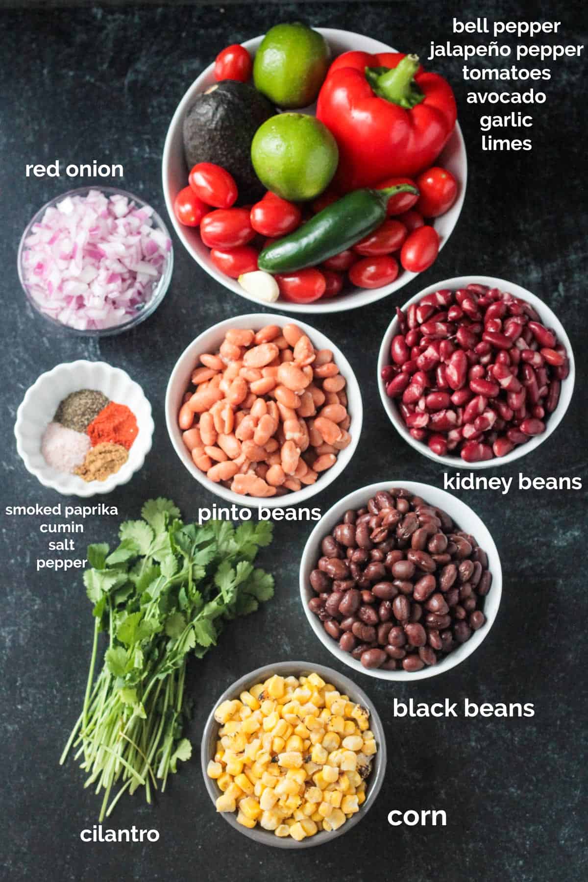 Recipe ingredients arrayed in individual bowls.
