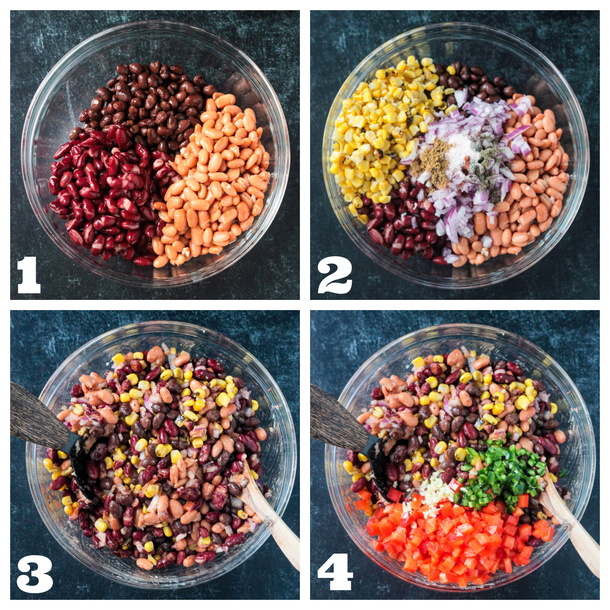 4 photo collage of adding the ingredients to a bowl and mixing together.