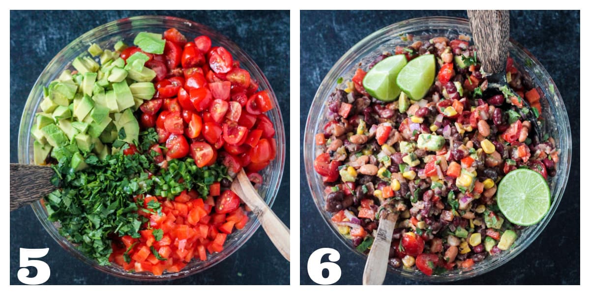 Two photo collage of adding the final produce and mixing the salsa.