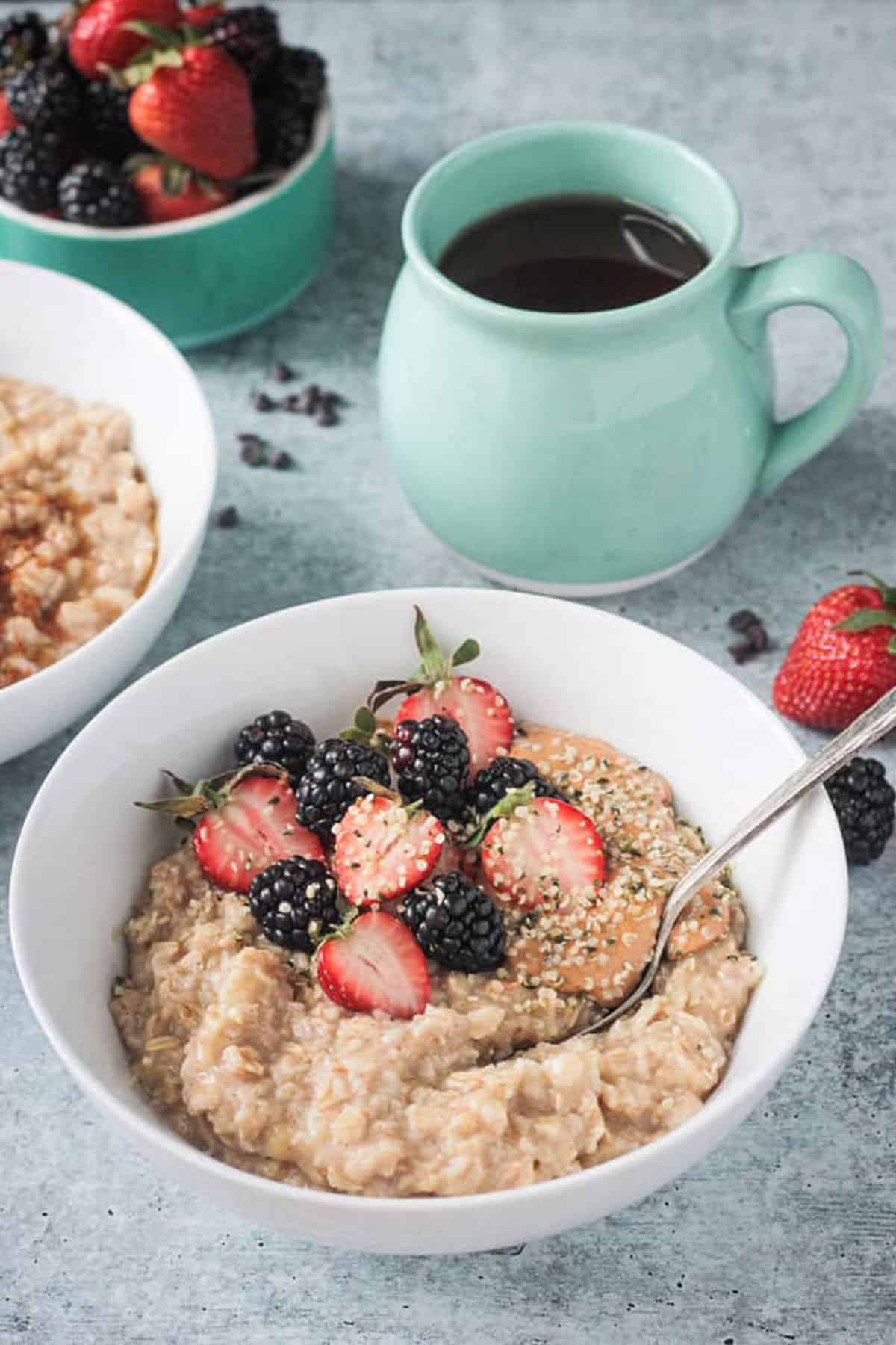 Spoon in a bowl of creamy oats with fresh berries and hemp seeds.