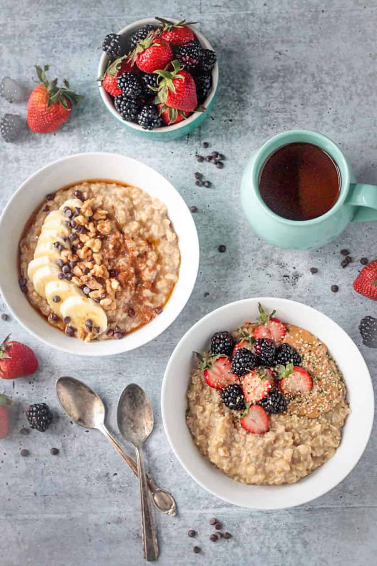 One peanut butter banana oatmeal bowl and one fresh berry oatmeal bowl. 