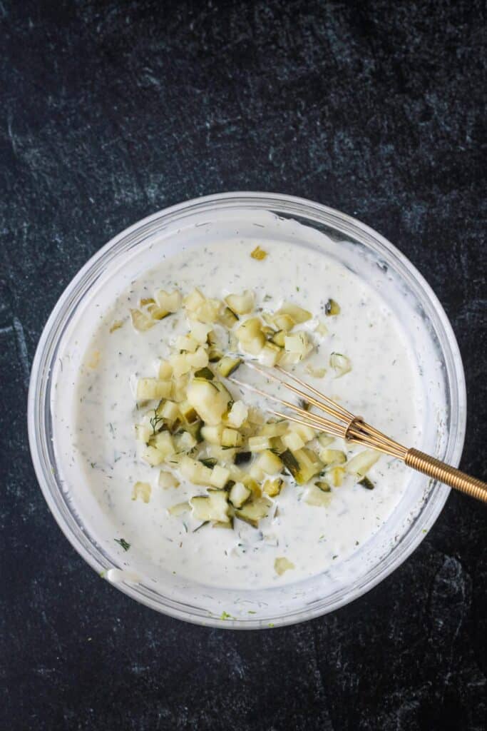 Chopped dill pickles added to a creamy tartar sauce.