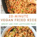 Vegetable fried rice in a skillet and a bowl of vegan fried rice.