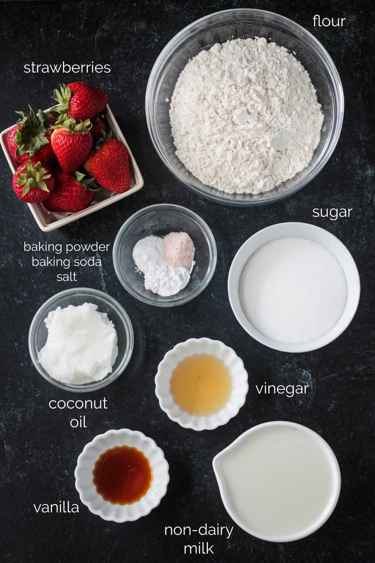 Recipe ingredients arrayed in individual bowls.