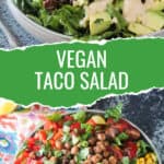 Two photo collage of taco salad ingredients in a bowl and a mixed salad drizzled with dressing.