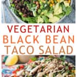 Two photo collage of taco salad ingredients in a bowl and a mixed salad drizzled with dressing.