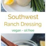 Two photo collage of a jar of vegan ranch dressing.