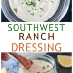 Two photo collage of a bowl of vegan ranch dressing and a small wooden spoon in a jar of dressing.