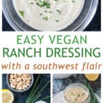 Three photo collage of a bowl of ranch dressing, recipe ingredients, and a jar of dressing topping with snipped chives.