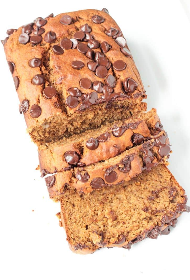 Load of Peanut Butter Banana Bread w/ Chocolate Chips...half of the bread sliced