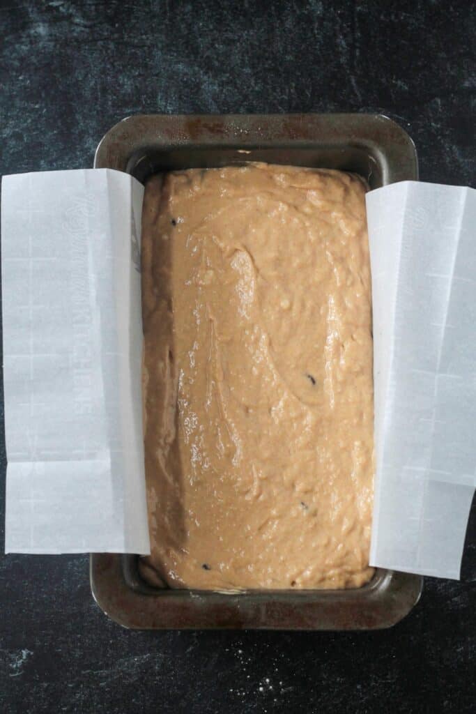 Raw batter in a loaf pan.