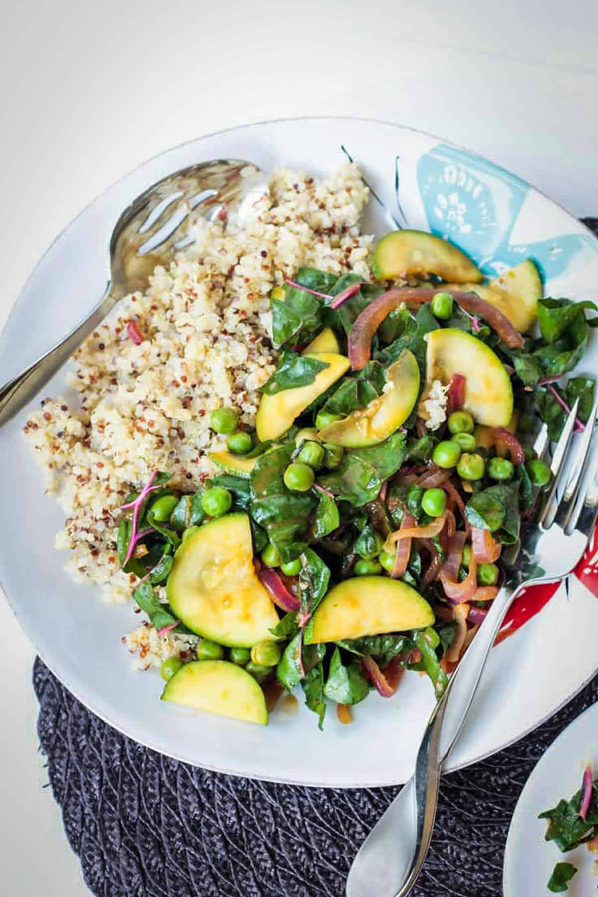 Fluffy quinoa with a side of mixed spring vegetables.